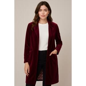 Skies Are Blue Burgundy Wine Velvet Long Blazer Open Jacket Medium Soft Stretchy